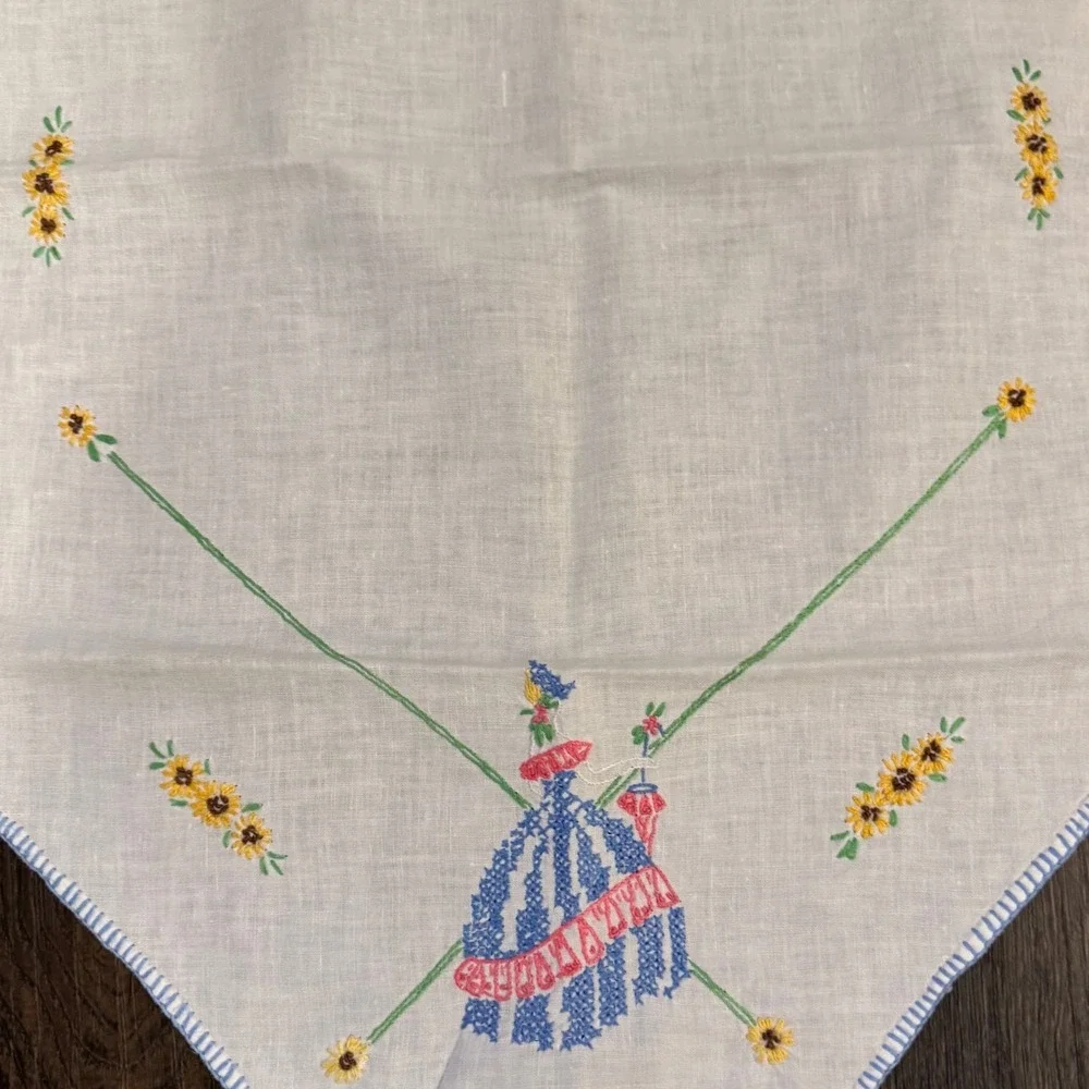 Vintage 17X34 Embroidered Table Runner Crinoline Lady Sunflower White Linen Blue